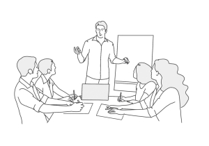 cartoon man in front of a whiteboard addressing four people sitting at a table