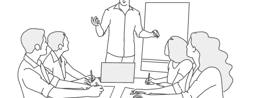 cartoon man in front of a whiteboard addressing four people sitting at a table